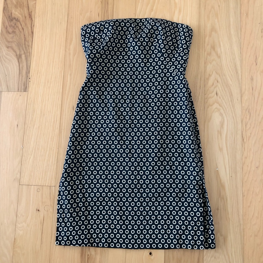 MILLY.  Black Strapless Beige Circle Print Mini Dress Lined Back Zip Size 6